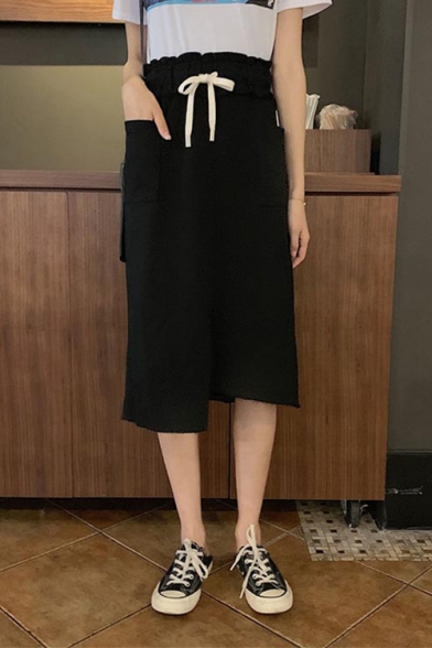Womens Fashion Plain Drawstring Waist Pocket Front Asymmetric Hem Casual Loose Midi Skirt