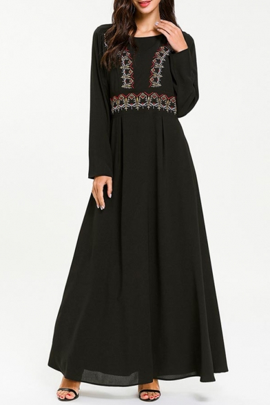 Womens Fashion Round Neck Long Sleeve Tribal Print Embroidery Webbing Tunic Black A-Line Maxi Dress