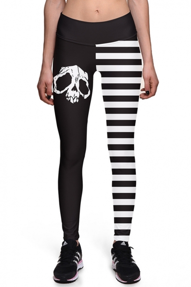 Womens High Waisted Black&White Striped Skull Print Full Length Leggings