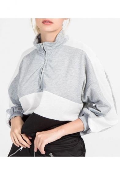 Womens Hot Popular Long Sleeve Stand Neck Zip Front Colorblock Patch Cropped Sweatshirts