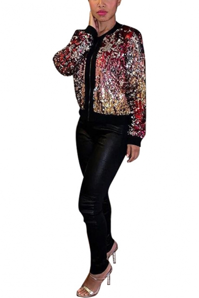Womens New Stylish Glitter Long Sleeve Zip Up Short Sequined Jacket