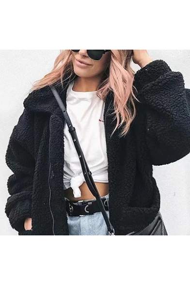 Womens New Trendy Plain Long Sleeve Lapel Collar Shearling Fluffy Fleece Zip Up Coat