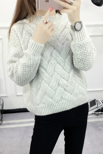 Womens Plain Special Patterns Cable Knit Round Neck Long Sleeve Sweater