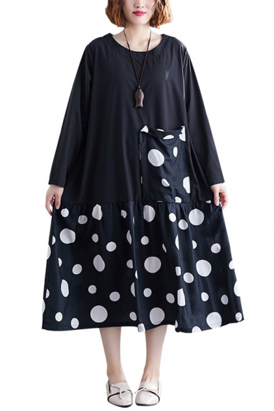 Womens Round Neck Long Sleeve Polka Dot Print Pockets Black Loose Swing Shift Maxi Dress