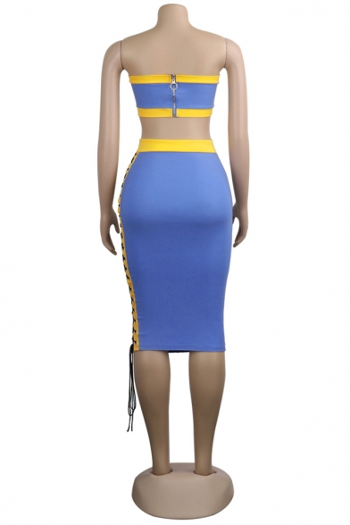 Womens Sexy Blue Patchwork Sleeveless Strapless Bandeau Top with Zipper Fly Maxi Skirt Bandage Sides Co-ords