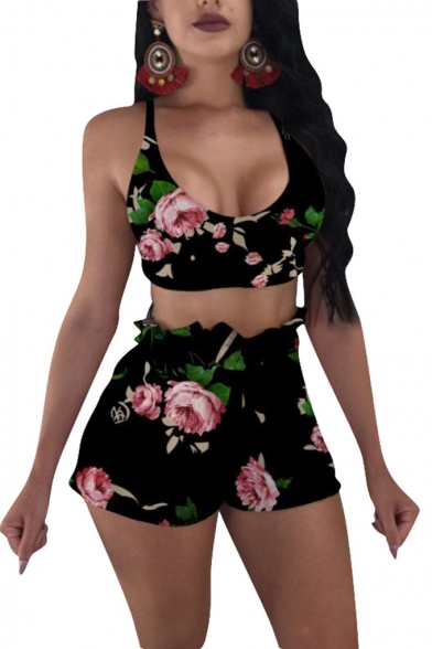 Womens Sexy Floral Printed Scoop Neck Sleeveless Crop Cami Pleated Shorts Co-ords