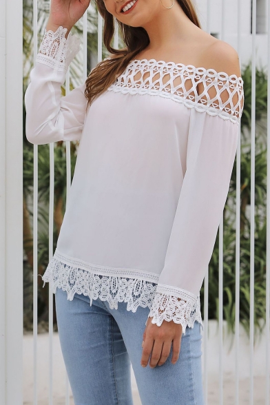 Womens Stylish Plain Sexy Off the Shoulder Long Sleeve Lace-Panel White Blouse Top
