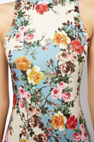 Womens Summer Vintage Round Neck Sleeveless Floral Print Sheath Midi Dress