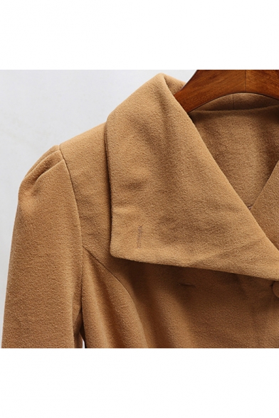 Womens Trendy Plain Turn-Down Collar Long Sleeve Tied Waist Longline Wool Coat