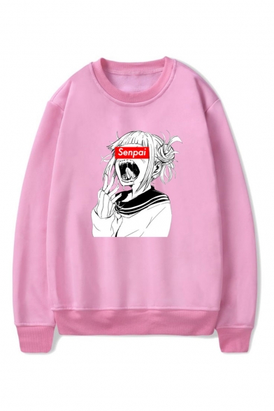 3D SENPAI Letter Comic Ahegao Figure Printed Round Neck Long Sleeve Loose Fit Unisex Pullover Hoodie