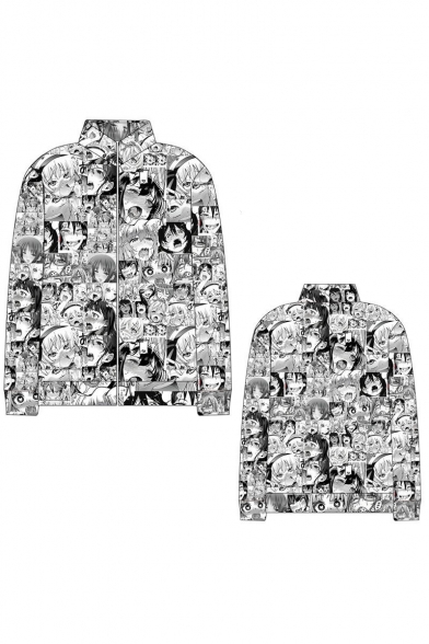 Ahegao Anime Comic Girl 3D Figure Printed Stand Collar Long Sleeve Zip Placket Baseball Jacket