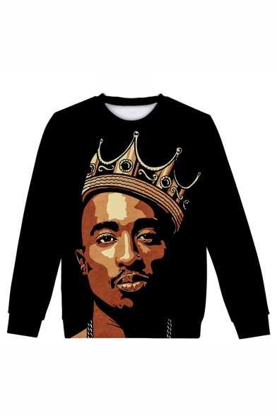 American Famous Rapper Crown 3D Printed Long Sleeve Round Neck Black Pullover Sweatshirts