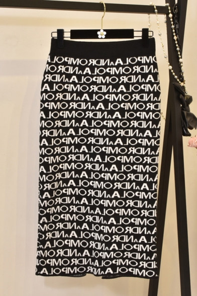 Black High Waist Letter Printed Split Back Slim Fitted Midi Knitted Pencil Skirt
