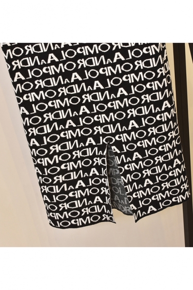 Black High Waist Letter Printed Split Back Slim Fitted Midi Knitted Pencil Skirt