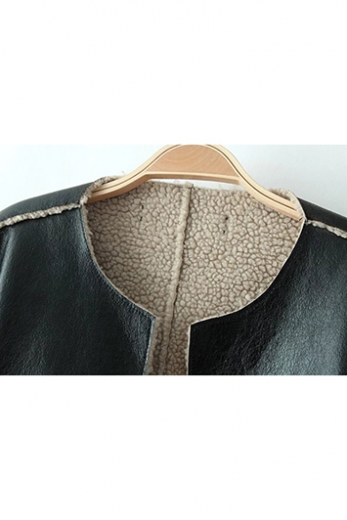 Black Round Neck Open Front Shearling Overlay PU Leather Short Jacket