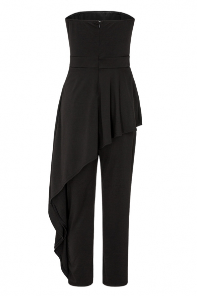 Black Strapless Sleeveless Asymmetric Ruffle Trim Embellished Bandeau Jumpsuits