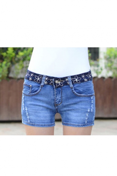 Blue Floral Printed Waist Distressed Stretch Fitted Lace Denim Shorts