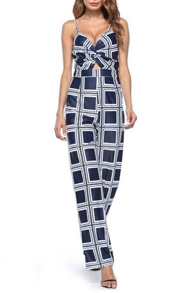 Classic Straps Sleeveless Cutout Check Printed Casual Loose Jumpsuits
