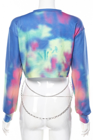 CONIA 2007 Letter Cool Eagle Printed Metal Chain Cut Out Round Neck Blue Crop Pullover Sweatshirt