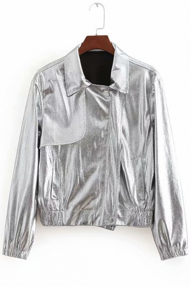 Cool Silver Metallic Lapel Collar Long Sleeve Zip Up Cropped Racer Jacket Coat