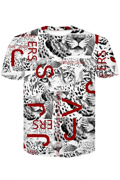 Cool Unique Mens Short Sleeve Round Neck Letter Leopard Printed Pullover T-Shirt