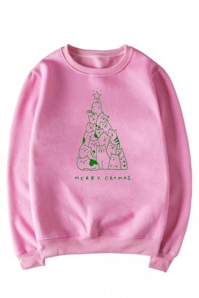 Cute Cat Letter Merry Catmas Print Round Neck Long Sleeves Pullover Sweatshirt