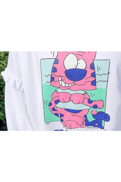 Cute Cat Letter Printed Ruffled Long Sleeve Round Neck Casual Loose Sweatshirt