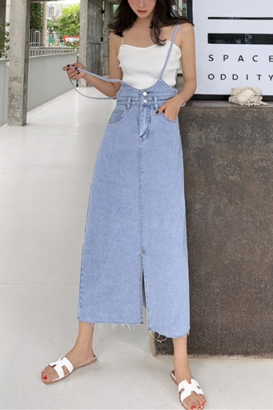 Fashion Baze Blue Straps High Waist Split Front Casual Loose Midi Denim Skirt