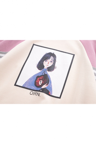 Fashion Cartoon Comic Girl Printed Color Block Round Neck Long Sleeve Pullover Sweatshirt