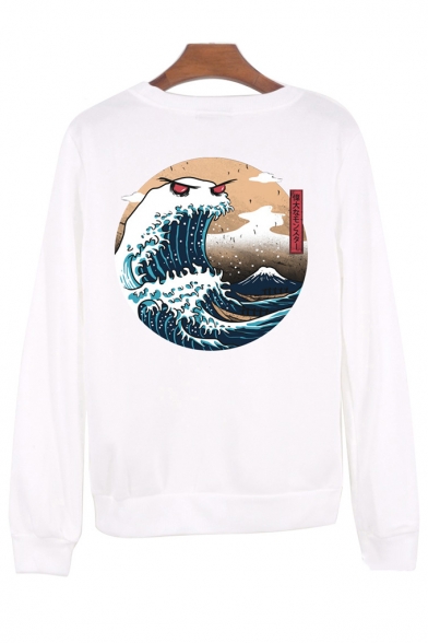 Fashion Ukiyo-e Style Sea Wave Japanese Printed Round Neck Long Sleeve White Sweatshirt