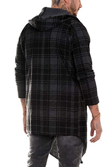 Fashionable Plaid Printed Long Sleeve Hooded Open Front Longline Trench Coat for Men