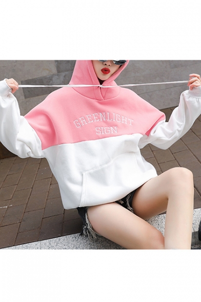 GAEENLIGHT SIGN Letter Embroidered Patchwork Color Black Long Sleeve Hoodie With Pockets