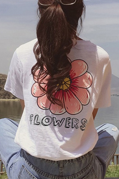 Girls New Stylish LOVERS Letter Floral Print Round Neck Short Sleeve T-Shirt