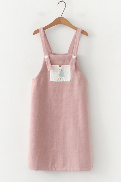 Girls Summer Cartoon Figure Embroidery Plaid Printed Corduroy Mini Overall Dress
