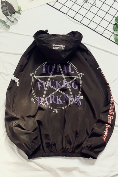 Guys Cool Letter TOTAL FUCKING DARKNESS Print Hooded Zip Up Sun Protection Jacket Coat