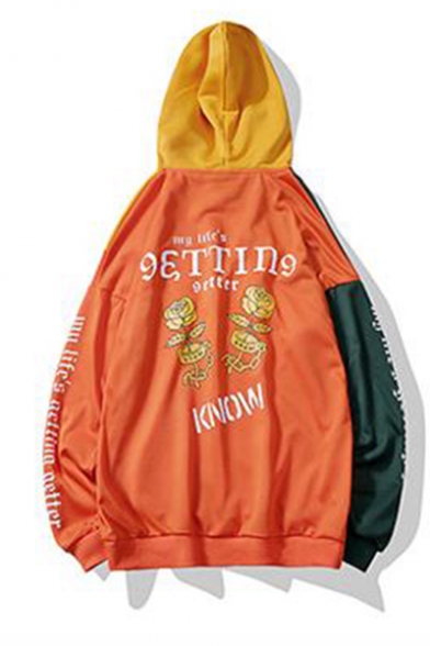Guys Hot Fashion Colorblock Letter Floral Printed Long Sleeve Street Style Trendy Drawstring Hoodie