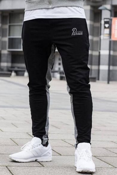 Guys New Fashion Colorblock Patched Letter Printed Drawstring Waist Casual Sports Sweatpants Pencil Pants