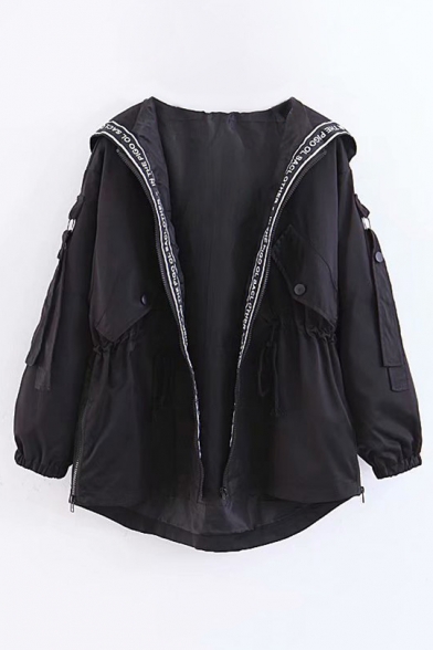 Hooded Drawstring Waist 3/4 Length Sleeve Flap Pockets with Press-Stud Fastening Zipper Trench Coat