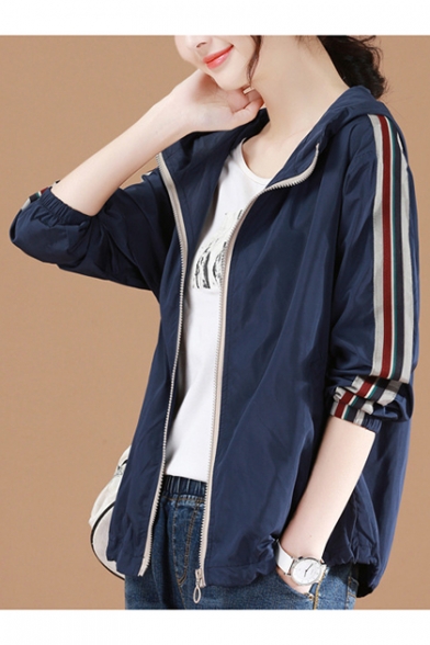 Hooded Style Stripes Panel Sleeve Elasticized Cuffs Zipper Short Jacket