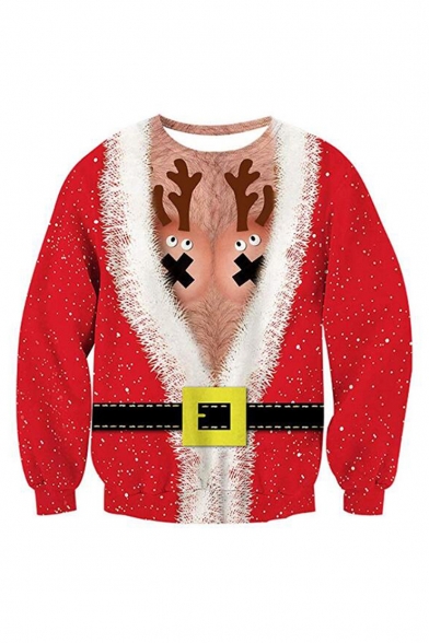 Hot Fashion Christmas Theme Antlers Cosplay 3D Printed Round Neck Long Sleeve Casual Red Pullover Sweatshirt