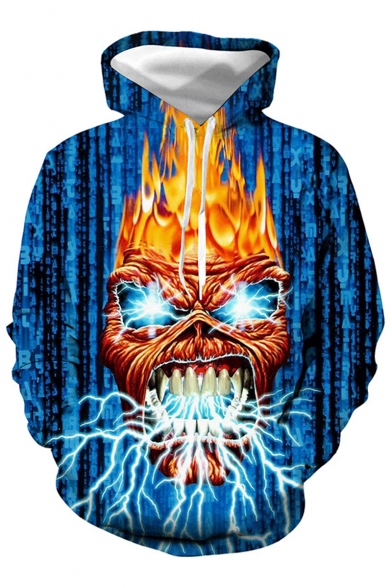 Hot Fashion Fire Skull 3D Printed Long Sleeve Blue Casual Loose Hoodie