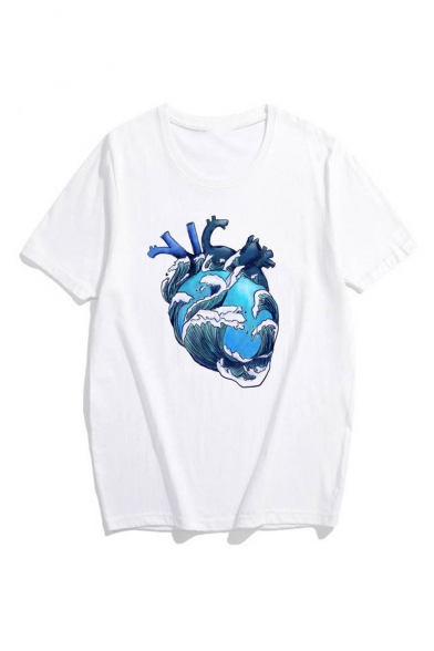 Hot Fashion Heart Printed Round Neck Short Sleeve Casual Tee