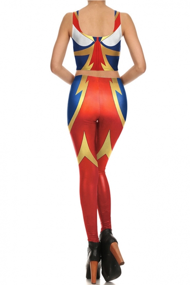 Hot Popular Cartoon Ultraman Cosplay Costume Print Scoop Neck Sleeveless Crop Tops Mid Waist Skinny Pants Co-ords
