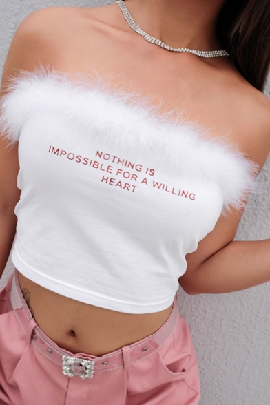 White Strapless Letter Printed Fur Trim Cropped Bandeau Tee