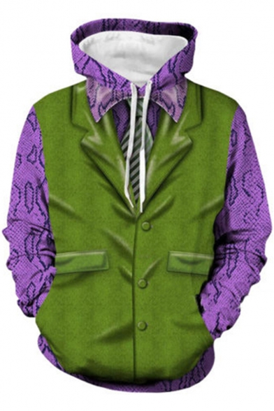 Hot Trendy Colorblock Comic 3D Printed Purple and Green Long Sleeve Pullover Drawstring Cosplay Hoodie