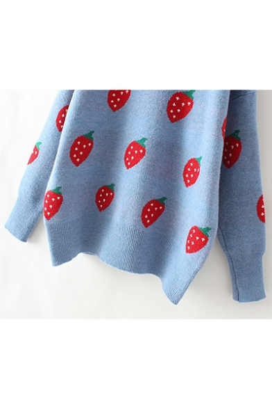 Ladies Lovely Strawberry Print Round Neck Long Sleeve Boxy Sweater