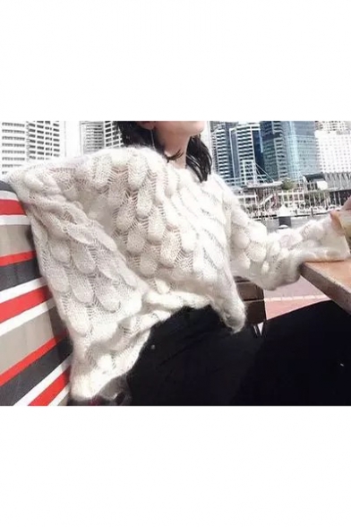 Ladies Stylish Plain Mohair Open-Knit Boat Neck Flared Sleeve Loose Sweater