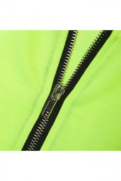 Long Sleeve Round Neck Zip Front Fluorescent Green Cropped Sweatshirt