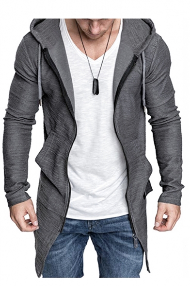 Men's Basic Fashion Simple Plain Long Sleeve Longline Slim Fit Zip Up Hoodie