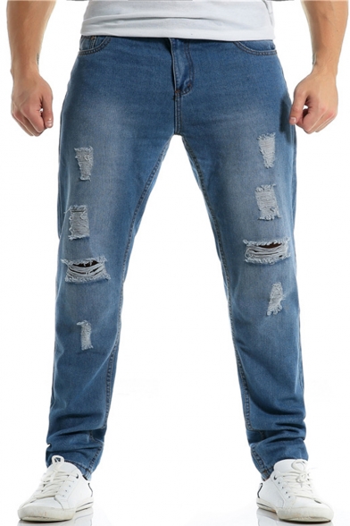 Men's Basic Fashion Simple Plain Straight Loose Fit Vintage Ripped Jeans